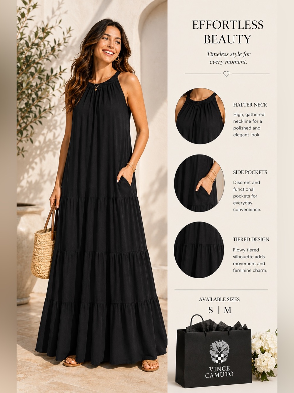 Vince Camuto Black Halter Tiered Maxi Dress with Pockets